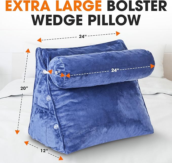 Cheer Collection Reading Wedge Pillow – TV Pillow with Adjustable Bolster Pillow, Memory Foam Back Support for Couch & Bed, Pillow Chair for Bed, Reading Pillows for Adults & Kids, XL, Navy Blue