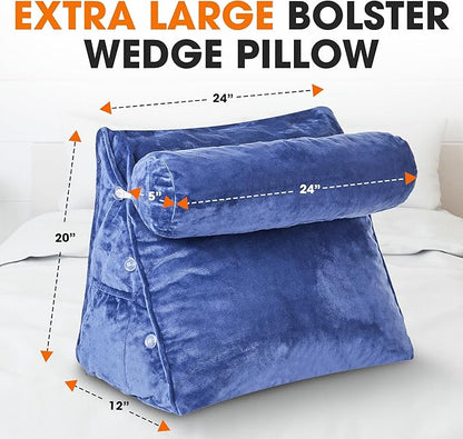 Cheer Collection Reading Wedge Pillow – TV Pillow with Adjustable Bolster Pillow, Memory Foam Back Support for Couch & Bed, Pillow Chair for Bed, Reading Pillows for Adults & Kids, XL, Navy Blue