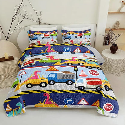 QOOMO Construction Dinosaur Quilt Set King Size,Excavator Bedspread Coverlet Set,Tractor 3Pcs Bedding Set Printed Quilt with 2 Pillowcases,Soft and Lightweight,for All Seasons