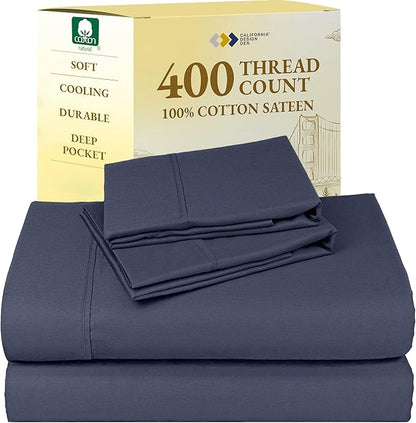California Design Den King Bed Sheets Set - Soft 400 Thread Count Sateen, Natural 100% Cotton Sheets, Deep Pockets with All-Around Elastic, Durable Bedding Set - Indigo Dusty Blue