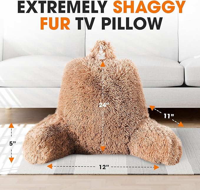 Cheer Collection Fluffy Reading Pillow Chair - Shaggy Hair Chair Pillow with Arms for Bed & Couch, Taupe