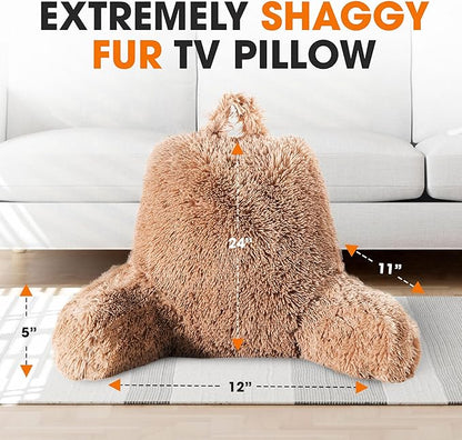 Cheer Collection Fluffy Reading Pillow Chair - Shaggy Hair Chair Pillow with Arms for Bed & Couch, Taupe