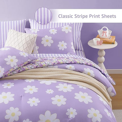 Queen Comforter Sets for Girls, Purple Daisy Kids Bedding Set Reversible with Cute Floral, All Season Bed in a Bag 7 Pieces with Sheets, Pillowcases & Shams
