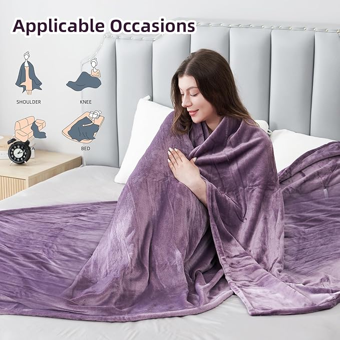 Electric Heated Blanket Twin Size 62"x84", Large Oversized Cozy Soft Flannel, 6 Heating Levels & 10 Hours Auto Off, Machine Washable, Home Office Use, Purple