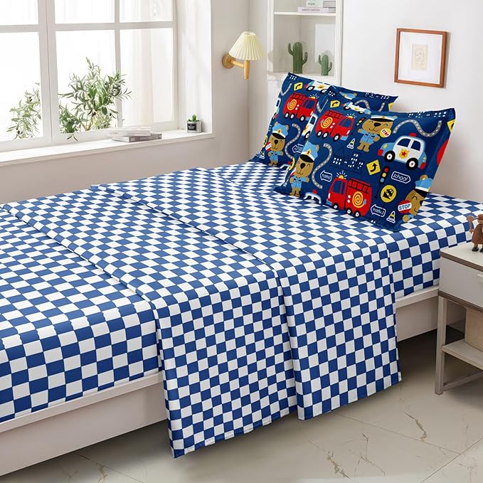 Kids Cop Car Comforter Set for Little Boys, Fire Truck Police Car Bedding Set, City Traffic Bedding Collection Include (1 Comforter, 2 Pillowcases, 1 Fitted Sheet, 1 Flat Sheet), Blue