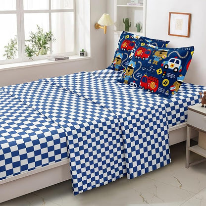 Kids Cop Car Comforter Set for Little Boys, Fire Truck Police Car Bedding Set, City Traffic Bedding Collection Include (1 Comforter, 2 Pillowcases, 1 Fitted Sheet, 1 Flat Sheet), Blue