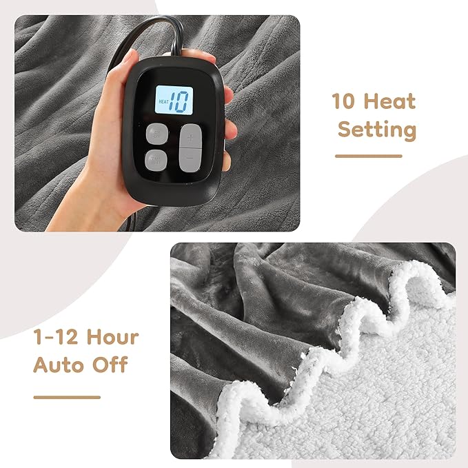 Electric Heated Blanket Twin Size - 62"x84", Soft Flannel Heating Blanket, 10 Heating Levels, 1-12 H Auto Shut Off, Breathable Warm and Washable for Bed, Light Grey