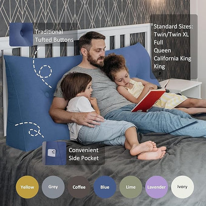 Wedge Headboard Pillow Dorm Room Reading Pillow Back Support for Sitting Up in Bed Bolster Lumbar Cushion Body Positioning Bedrest Cotton Linen 39in Blue Twin