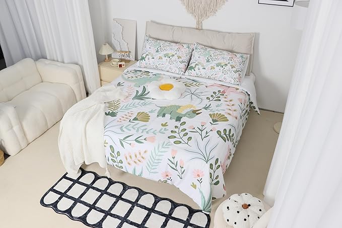 Castle Fairy Cute Dino Kids Comforter Set Twin Size,Kawaii Pink Green Dinosaur Bedding Set for Kids Boys Men,Cartoon Wildlife Floral Leaves Plant Quilted Duvet Set with 1 Pillowcase
