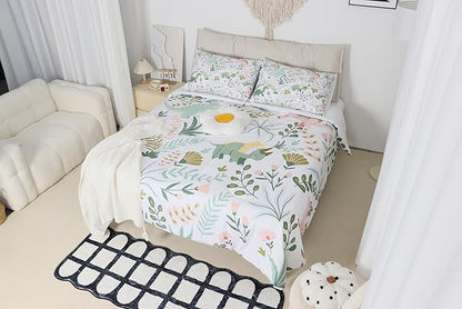 Castle Fairy Cute Dino Kids Comforter Set Queen Size,Kawaii Pink Green Dinosaur Bedding Set for Women Adult,Cartoon Wildlife Floral Leaves Plant Luxury Bed Duvet Insert, 2 Pillowcases