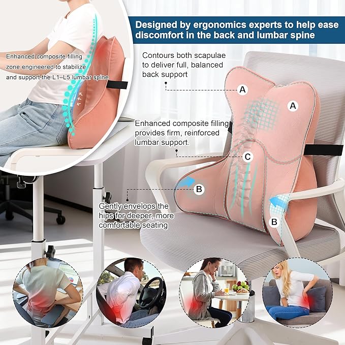 Lumbar Support Pillow for Lower Back Pain Relief – Multi-Functional Ergonomic Lumbar Cushion, Reading Pillow for Office Chair, Car Seat & Sofa,Blush Pink