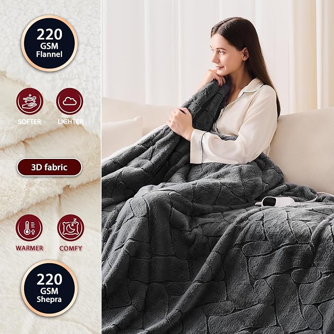 Heated Electric Blanket- Electric Throw Blanket 100"x90" for Bed- Heated Blanket with 5 Heating Levels& 4 Hours Auto Off for Home Office - Soft Faux Fur Heating Blanket for Full Body(Grey)