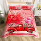 Valentine's Day Duvet Cover Set King Size,Red Truck Heart Tree Bedding Set for Kids Girls Women Couple Room Decor,Pink Rose Flowers Trailer Comforter Cover Romantic Gifts Quilt Cover 3pcs