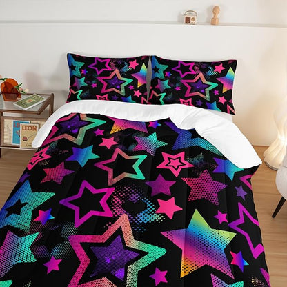 Kawaii Color Star Comforter Set Kids Bedroom Set,Neon Light Star Bedding King Size Comforter Sets for Boys Girls Room Decor,Aesthetic Bedding Sets with 2 Pillowcases.