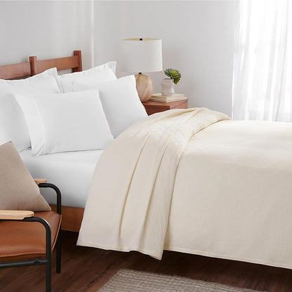 Arkwright Basket Weave Queen Blanket - 100% Ringspun Cotton All Season Blankets, Luxury Hotel Quality, Soft on Skin, Breathable, 300 GSM for Bed, Sofa, and Chair, 90 X 90 in, Beige