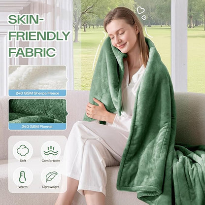 Full Size Electric Blanket Heated, Double-Sided Flannel＆Sherpa Heated Blanket with 8 Heat Levels & 10 Hours Auto Off, Fast Heating Blankets Machine Washable with ETL & FCC Certified, Green