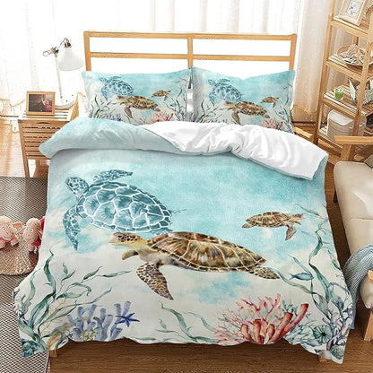 CVHOUSE Sea Turtle Duvet Cover Twin Size,Ocean Watercolor Bedding Set for Kids Teens,Beach Comforter Cover,1 2 Pillowcases 3 Piece Twin 71'x87'