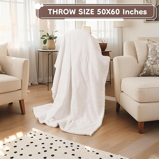 Electric Heated Blanket Throw Size - 50"x60", Soft Flannel Heating Blanket, 4 Heating Levels, 3 H Auto Shut Off, Breathable Warm and Washable for Sofa, White
