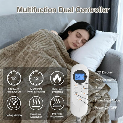 Heated Blanket Queen, 84"x90" Electric Blanket Heating Waffle with Dual Controllers, Fast Heating with 12 Heat Levels & 12 Hours Auto Off, with ETL & FCC for Bed(Light Gray)