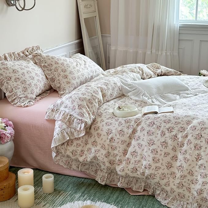 BuLuTu Gauze Cotton Floral Duvet Cover Full, Vintage Floral Pattern Comforter Cover Teens Girls Quilt Cover Full with Ruffles, Ultra Soft Breathable Bedding Set, Pink Poeny Pattern