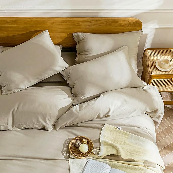 JELLYMONI Cotton Duvet Cover Twin Size - Linen Gray Comforter Cover with Button 100% Washed Cotton 2PCS Breathable Soft Solid Bedding Set Duvet Cover 68×90in & 1 Pillowcase (NO Comforter)