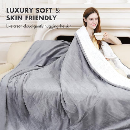 Electric Blanket Throw 50" x 60" - Soft Flannel Sherpa Heated Blanket Throw with 5 Heating Levels & 4 Hours Auto Off, Electric Lap Blanket as a Gift for Grandma, Machine Washable (Grey)