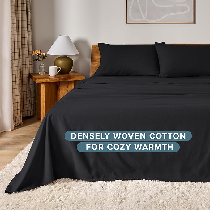 Bare Home Flannel Sheet Set 100% Cotton, Velvety Soft Heavyweight - Double Brushed Flannel - Deep Pocket (Full, Black)