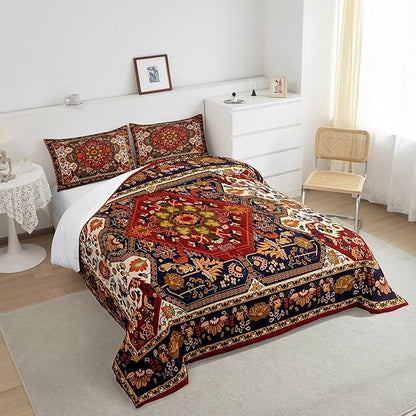 Boho Floral Comforter Set King Size,Vintage Geometric Flowers Pattern Bedding Set 3pcs for Adult Woman Room Decor,Aztec Tribal Colorful Quilt Set Exotic Retro Duvet Insert,2 Pillowcases,Brown