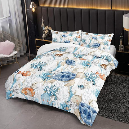 Blue Sea Turtle Themed Comforter 3Pcs Full Wild Ocean Animal Tortoise Fish Bedding Set for Kid Teen Girl Boy Adult Coral Clownfish Octopus Quilt Bed Decor with 1 Comforter and 2 Pillowcases