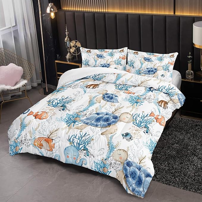 Blue Sea Turtle Themed Comforter 3Pcs Queen Wild Ocean Animal Tortoise Fish Bedding Set for Kid Teen Girl Boy Adult Coral Clownfish Octopus Quilt Bed Decor with 1 Comforter and 2 Pillowcases