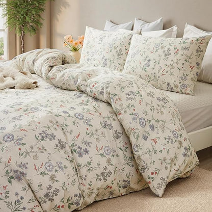 Floral Duvet Cover Set Full Size 100% Cotton Green Floral Comforter Cover 3 Pcs Lightweight Soft Aesthetic Floral Bedding Sets