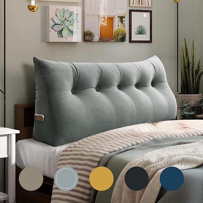 WOWMAX Wedge Pillow Headboard Queen Triangular Headboard Pillow Queen Bed Wedge Pillow for Headboard Bolster Pillow for Bed Daybed Pillows with Removable Cover, Velvet(100% Cotton), Gray