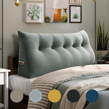 WOWMAX Wedge Pillow Headboard Queen Triangular Headboard Pillow Queen Bed Wedge Pillow for Headboard Bolster Pillow for Bed Daybed Pillows with Removable Cover, Velvet(100% Cotton), Gray