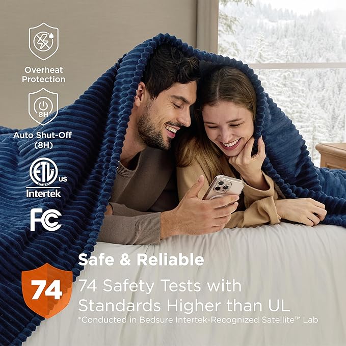 Bedsure GentleSoft Electric Blanket Queen Size - Soft Ribbed Flannel Heated Blanket with Dual Control, Heating with 10 Heat Settings & 10 Time Settings, 8 hrs Timer Auto Shut Off (84x90 inches, Navy)