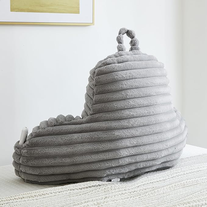 Faux Fur Fluffy Gray Reading Pillow with Pockets, Luxury Striped Plush Decorative, Arm Rests and Back Support for Bed Rest, Lounging on Sofa, Extra Large Size for Adult.
