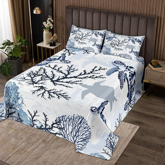 Sea Turtle Bedspread King Kids Hawaiian Ocean Marine Reptile Bedding Set For Women Men Bedroom Turtle Tortoise Decor Coverlet Set Beach Sea Underwater Creature Quilt Set For All Season, White Blue