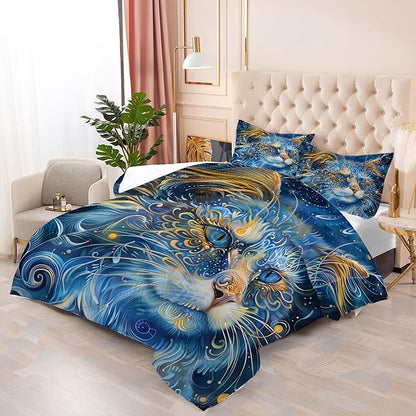 Cat Comforter Set Queen: Blue Maine Coon Bedding Set Mysterious Exotic Kitten Quilts for Women Men Tween Adults Ethnic Pet Bed Set 3 Piece with 1 Comforter & 2 Pillowcases