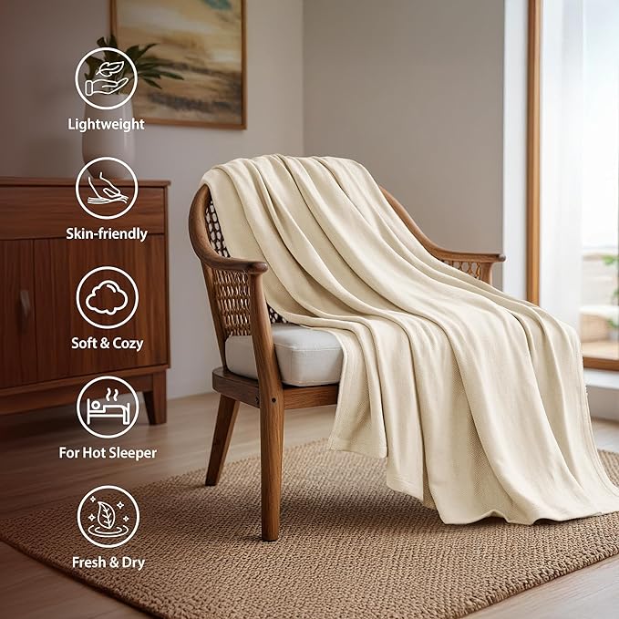 Twin Size Blanket, 70% Rayon (Derived from Bamboo) and 30% Cotton, Lightweight Jacquard Weave, Breathable and Soft Summer Blanket for Bed or Couch, 66” x 90”, Ivory