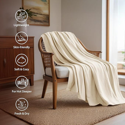 Queen Size Blanket, 70% Rayon (Derived from Bamboo) and 30% Cotton, Lightweight Jacquard Weave, Breathable and Soft Summer Blanket for Bed or Couch, 90” x 90”, Ivory