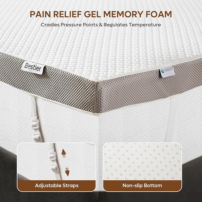 Bestier Gel Memory Foam Mattress Topper - Tencel Ice Silk Mattress Topper - Plush Feel - Mattress Pad with Naturally Cooling and Pressure Relief - Twin Size, 3 Inch