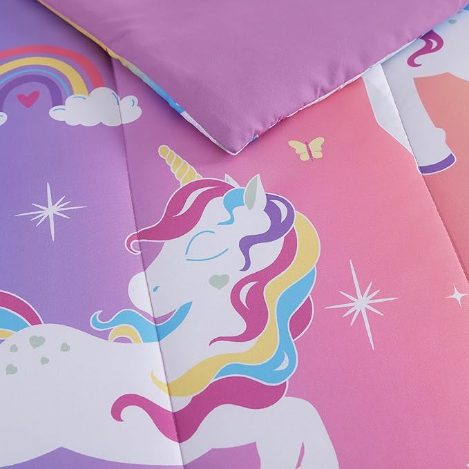 Twin Comforter Set for Girls-3 Pieces Rainbow Unicorn Twin Bedding Sets for Kids,1 Comforter,1 Sham and 1 Decor Pillow