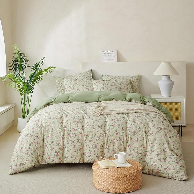 Jane yre Floral King Duvet Cover Soft Brushed Microfiber Crinkle Gauze 3 Pieces Floral Bedding Set for All-Season, Garden Vintage Style Duvet Cover with Zipper Closure, Luxury Breathable Comfy
