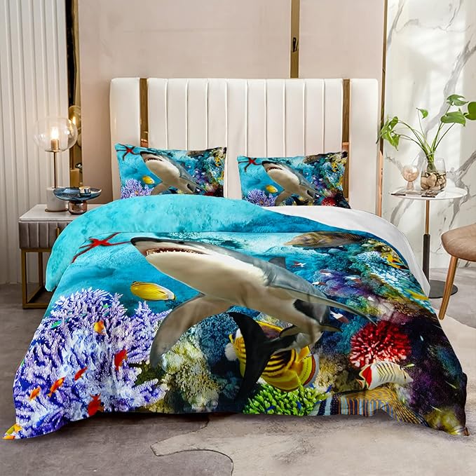 CVHOUSE Shark Duvet Cover King Size, Ocean Beach Comforter Set, 1 Duvet Cover 2 Shark Pillowcases 3 Piece