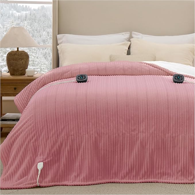 Bedsure GentleSoft Electric Blanket King Size - Soft Ribbed Flannel Heated Blanket with Dual Control, Heating with 10 Heat Settings, 10 Time Settings, 8 hrs Timer Auto Shut Off (90"x100", Pink)