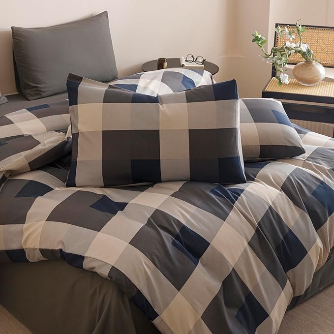 Wellboo Blue Plaid Comforter Sets Full Size Navy Blue and Grey Checkered Bedding Comforters Modern Beige Grid Quilt Blankets Women Men Gray Checkerboard Bedding Soft Brown Geometric Bed
