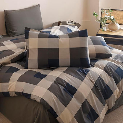 Wellboo Blue Plaid Comforter Sets Full Size Navy Blue and Grey Checkered Bedding Comforters Modern Beige Grid Quilt Blankets Women Men Gray Checkerboard Bedding Soft Brown Geometric Bed