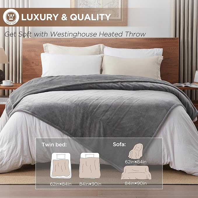 Westinghouse Heated Blanket Full Size - Electric with 10 Heating Levels, 1-12 Hours Auto Shut Off, Fast Warming, Machine Washable (Full, 72x84 Inches, Light Grey)