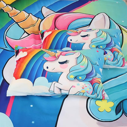 Unicorn Bedding Twin Size Rainbow Unicorn Comforter Set for Girls Kids Children Boys Bedroom Cartoon Light Blue Unicorn Quilt 1 Comforter + 1 Pillowcase