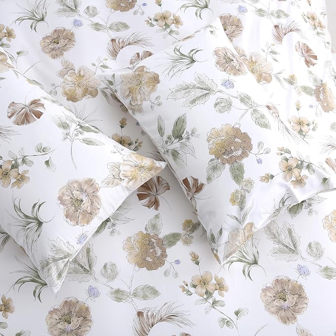 Floral Duvet Cover King Size 100% Cotton Duvet Cover Set Khaki and Green Floral Duvet Cover with Zipper Closure & Corner Ties 3 Pcs Soft & Breathable Comforter Cover Sets