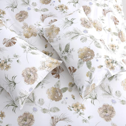 Floral Duvet Cover King Size 100% Cotton Duvet Cover Set Khaki and Green Floral Duvet Cover with Zipper Closure & Corner Ties 3 Pcs Soft & Breathable Comforter Cover Sets